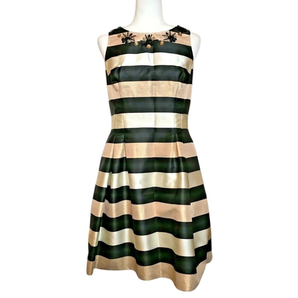 ELIZA J Black White Gold Striped A-Line Dress Sz 8P Medium Bloomingdales Jewels